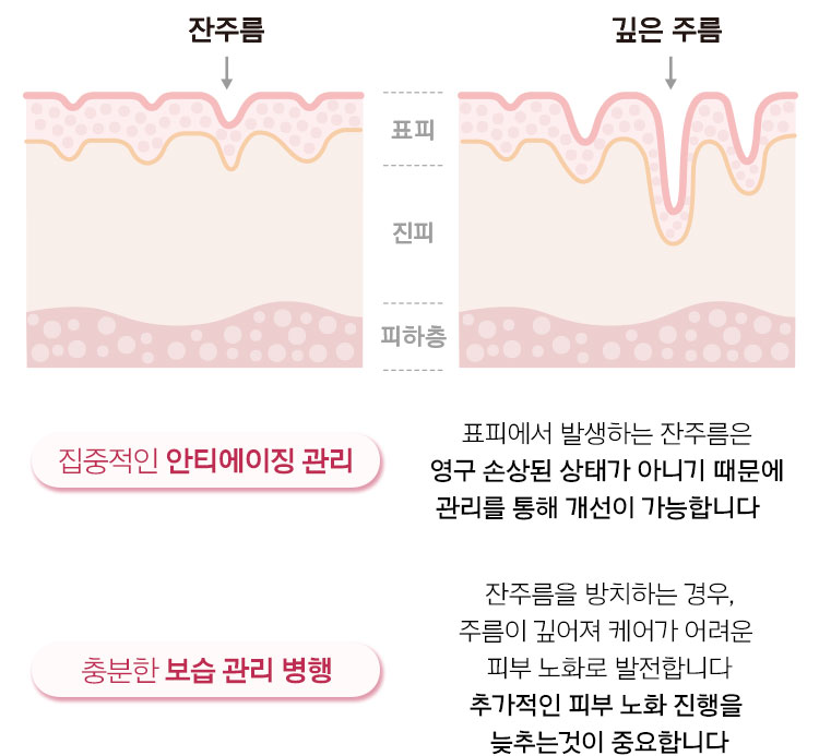 집중적인 안티에이징 관리 표피에서 발생하는 잔주름은 영구 손상된 상태가 아니기 때문에 관리를 통해 개선이 가능합니다. 충분한 보습 관리 병행 잔주름을 방치하는 경우, 주름이 깊어져 케어가 어려운
노화로 발전합니다 추가적인 노화 진행을 늦추는것이 중요합니다