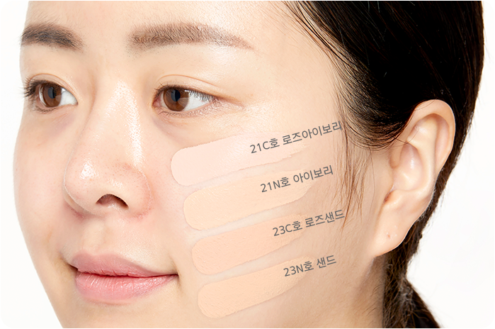 마몽드 올 스테이 파운데이션 글로우 제품 21C호 로즈아이보리, 21N호 아이보리, 23C호 로즈샌드, 23N호 샌드 피부 발색 비교