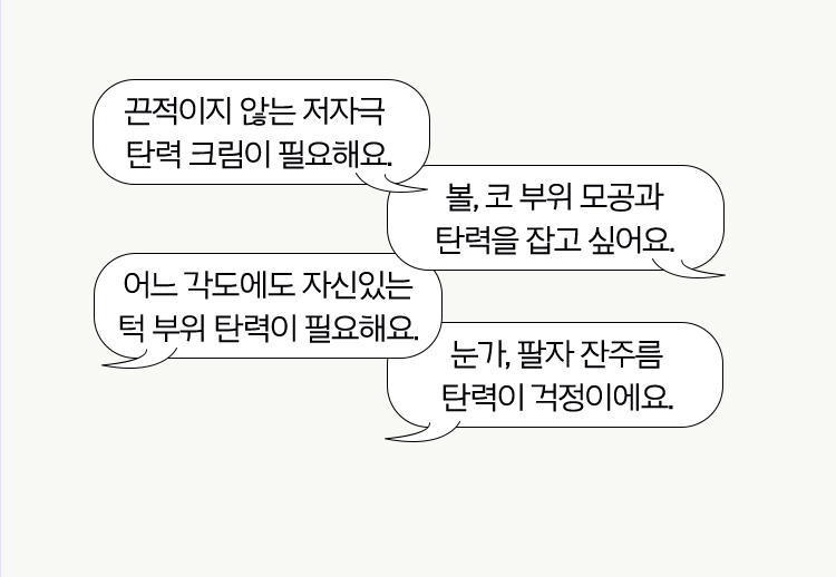 탄력고민 - 끈적이지 않는 저자극 탄력 크림이 필요해요. / 볼, 코 부위 모공과 탄력을 잡고 싶어요. / 눈가, 팔자 잔주름 탄력이 걱정이에요. / 어느 각도에도 자신있는 턱 부위 탄력이 필요해요.