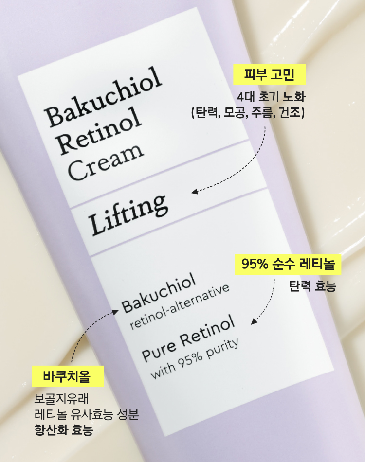 피부 고민 : 4대 초기 노화 (탄력, 모공, 주름, 건조) / 95% 순수 레티놀 : 탄력 효능 / 바쿠치올 : 보골지유래 레티놀 유사효능 성분 항산화 효능