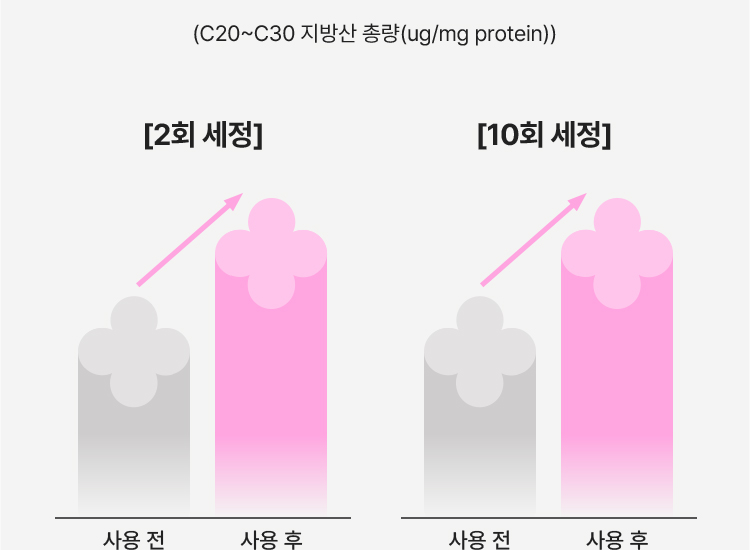 (C20~C30 지방산 총량(ug/mg protein)), [2회 세정] 사용 전/사용 후 비교, [10회 세정] 사용 전/사용 후 비교