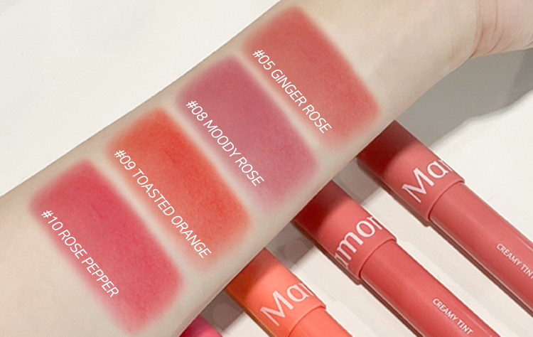 마몽드 크리미틴트 쉬폰 미니케이크 #05 GINGER ROSE, #08 MOODY ROSE, #09 TOASTED ORANGE, #10 ROSE PEPPER 팔 안쪽 발색 비교