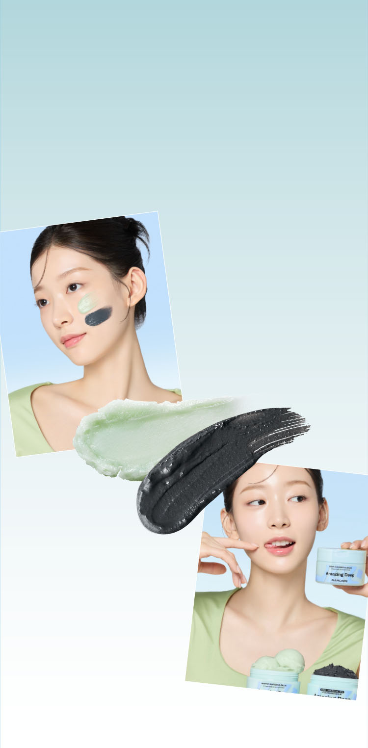 마몽드 어메이징 딥 민트차콜릿 클렌징밤을 사용하는 모습을 보여주는 모델