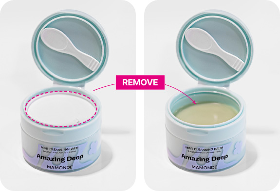 마몽드 어메이징 딥 민트 클렌징 밤 패키지의 덮개를 제거하는 모습