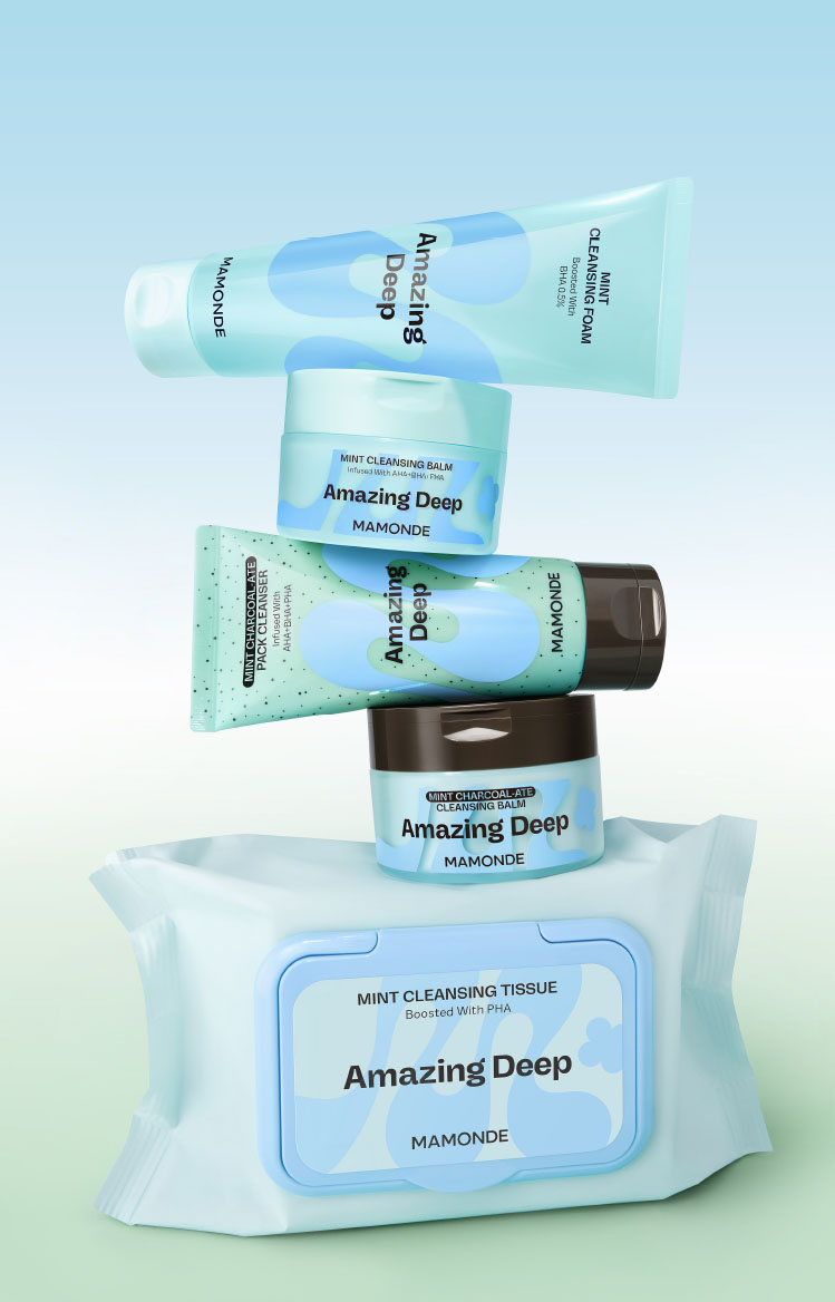마몽드 어메이징 딥 민트 클렌징 밤, 마몽드 어메이징 딥 민트차콜릿 클렌징밤, 마몽드 어메이징 딥 민트 클렌징 폼, 마몽드 어메이징 딥 민트차콜릿 팩 클렌저, 마몽드 어메이징 딥 민트 클렌징 티슈를 보여주고 있음