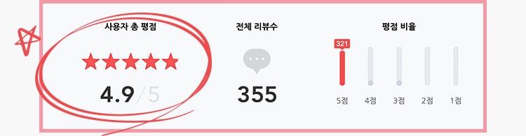 사용자 총 평점:4.9 / 5, 전체 리뷰 수 : 355, 평점비율 : 5점 321명
