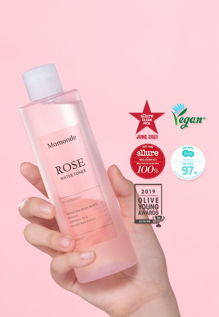 마몽드 로즈워터 토너, 2021 JUNE alluer CLEAN PICK 엠블럼, Yegan 엠블럼, 2021 JUNE alluer 마몽드 로즈워터 토너 품평탄 200인 피부 결 정돈 만족도 100% 엠블럼, 2021 JUNE 화해 설문단 201인 제품 만족도 97% 엠블럼, 2019 OLIVE YONG AWARDS 스킨/토너 부문 1위 엠블럼