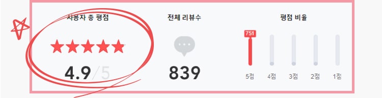 사용자 총 평점:4.9 / 5, 전체 리뷰 수 : 839, 평점비율 : 5점 751명