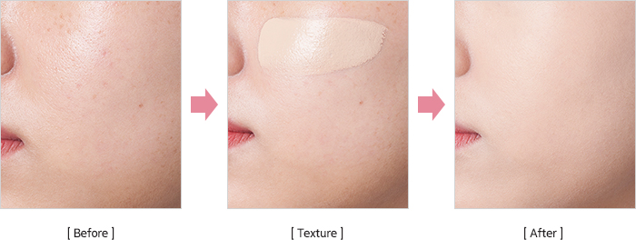 홍조와 트러블이 보이고 모공이 두드러진 before. 소프트 블러 비비크림을 얼굴에 부드럽게 도포한 texture 컷. 홍조와 트러블이 커버되고 모공없이 매끈, 보송해진 after.